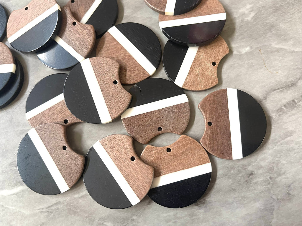 Wood Grain Cream Black resin Beads, round cutout acrylic 37mm Earring Necklace pendant bead, one hole at top DIY wooden blanks brown