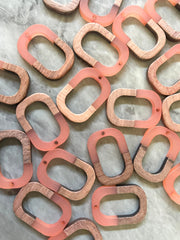 Brown wood & Coral Resin Beads, oval cutout acrylic 28mm Earring Necklace pendant bead, one hole at top DIY blanks wood grain jewelry