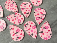 Pink Red Hearts on White Leather Blanks Cutout, earring bead jewelry making, 57mm teardrop jewelry, valentine pendant layering drop fabric