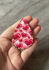 Pink Red Hearts on White Leather Blanks Cutout, earring bead jewelry making, 57mm teardrop jewelry, valentine pendant layering drop fabric