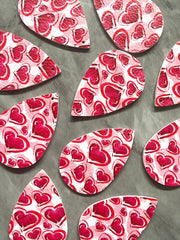 Pink Red Hearts on White Leather Blanks Cutout, earring bead jewelry making, 57mm teardrop jewelry, valentine pendant layering drop fabric
