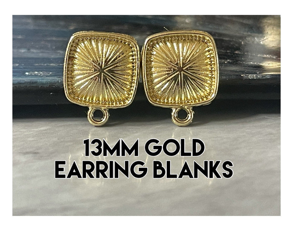 Square Gold 13mm post earring lined blanks, gold drop earring, gold stud earring, gold jewelry, gold dangle DIY earring making