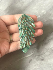 Green & White “Everglades” Large feather flower pendants, brass leaves flutter, Statement earring bottom jewelry long necklace bead floral