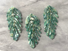Green & White “Everglades” Large feather flower pendants, brass leaves flutter, Statement earring bottom jewelry long necklace bead floral