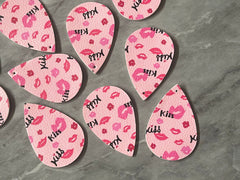 Pink Red Hearts on White Leather Blanks Cutout, earring bead jewelry making, 57mm teardrop jewelry, valentine pendant layering drop fabric