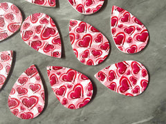 Pink Red Hearts on White Leather Blanks Cutout, earring bead jewelry making, 57mm teardrop jewelry, valentine pendant layering drop fabric