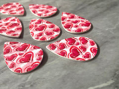 Pink Red Hearts on White Leather Blanks Cutout, earring bead jewelry making, 57mm teardrop jewelry, valentine pendant layering drop fabric
