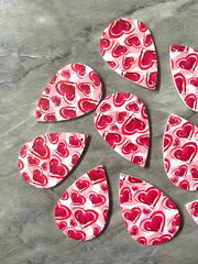 Pink Red Hearts on White Leather Blanks Cutout, earring bead jewelry making, 57mm teardrop jewelry, valentine pendant layering drop fabric