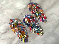 Rainbow Mosaic Large feather flower pendants, brass leaves flutter, Statement earring bottom jewelry long necklace bead floral
