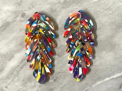 Rainbow Mosaic Large feather flower pendants, brass leaves flutter, Statement earring bottom jewelry long necklace bead floral