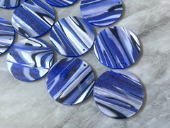 Blue Black White STRIPED Tortoise Shell Beads, circle cutout acrylic 36mm Earring Necklace pendant bead one hole at top, colorful acrylic