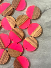 Wood Grain + Hot Pink resin Beads, round cutout acrylic 29mm Earring Necklace pendant bead, one hole at top DIY wooden blanks circle