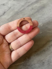 Wood Grain + Red resin Beads, round cutout acrylic 28mm Earring Necklace pendant bead, 2 hole connector DIY wooden blanks circle