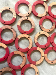 Wood Grain + Red resin Beads, round cutout acrylic 28mm Earring Necklace pendant bead, 2 hole connector DIY wooden blanks circle