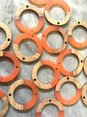 Wood Grain + Orange resin Beads, round cutout acrylic 28mm Earring Necklace pendant bead, 2 hole connector DIY wooden blanks circle