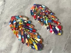 Rainbow Mosaic Large feather flower pendants, brass leaves flutter, Statement earring bottom jewelry long necklace bead floral