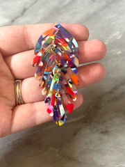 Rainbow Mosaic Large feather flower pendants, brass leaves flutter, Statement earring bottom jewelry long necklace bead floral