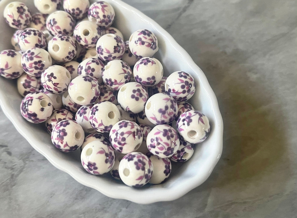 Ginger Jar Handmade Purple and White Porcelain 12mm Beads, circular beads, round beads jewelry statement chunky, glass beads flower beads