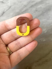 Brown wood & Yellow Resin Beads, oval cutout acrylic 28mm Earring Necklace pendant bead, 2 hole blue DIY blanks grain jewelry connector