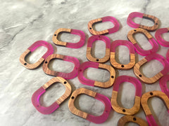 Brown wood & raspberry Resin Beads, oval cutout acrylic 28mm Earring Necklace pendant bead, 2 hole blue DIY blanks grain jewelry connector