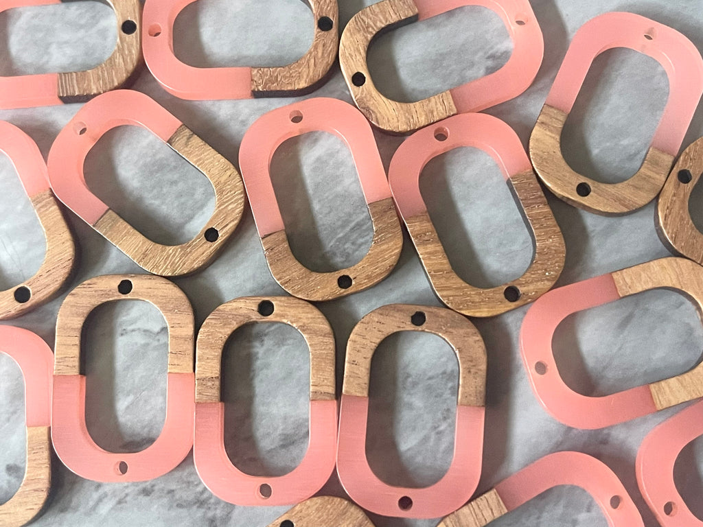 Brown wood & Pink Resin Beads, oval cutout acrylic 28mm Earring Necklace pendant bead, 2 hole blue DIY blanks grain jewelry connector