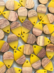 WHOLESALE Brown wood grain & Yellow Resin Beads, raindrop cutout acrylic 17mm Earring Necklace pendant bead, one hole top DIY blanks jewelry