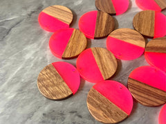 Wood Grain + Hot Pink resin Beads, round cutout acrylic 29mm Earring Necklace pendant bead, one hole at top DIY wooden blanks circle