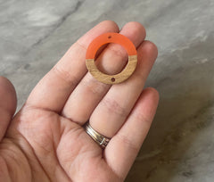 Wood Grain + Orange resin Beads, round cutout acrylic 28mm Earring Necklace pendant bead, 2 hole connector DIY wooden blanks circle