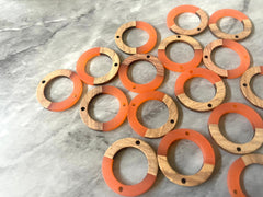 Wood Grain + Orange resin Beads, round cutout acrylic 28mm Earring Necklace pendant bead, 2 hole connector DIY wooden blanks circle