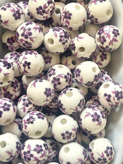 Ginger Jar Handmade Purple and White Porcelain 12mm Beads, circular beads, round beads jewelry statement chunky, glass beads flower beads