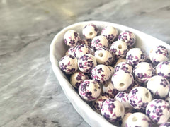 Ginger Jar Handmade Purple and White Porcelain 12mm Beads, circular beads, round beads jewelry statement chunky, glass beads flower beads