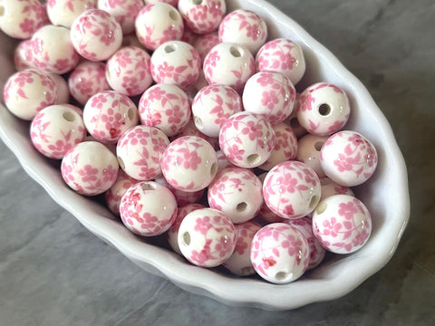 Ginger Jar Handmade Pink and White Porcelain 12mm Beads, circular beads, round beads jewelry statement chunky, glass beads flower beads