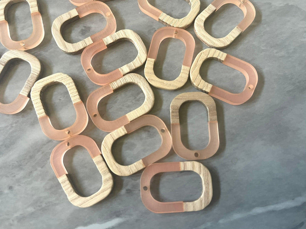 Brown wood & Blush coral Resin Beads, oval cutout acrylic 28mm Earring Necklace pendant bead, one hole blue DIY blanks wood grain jewelry
