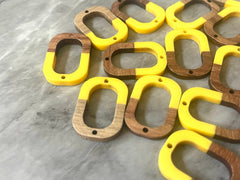 Brown wood & Yellow Resin Beads, oval cutout acrylic 28mm Earring Necklace pendant bead, 2 hole blue DIY blanks grain jewelry connector