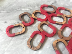 Brown wood & red Resin Beads, oval cutout acrylic 28mm Earring Necklace pendant bead, 2 hole blue DIY blanks grain jewelry connector