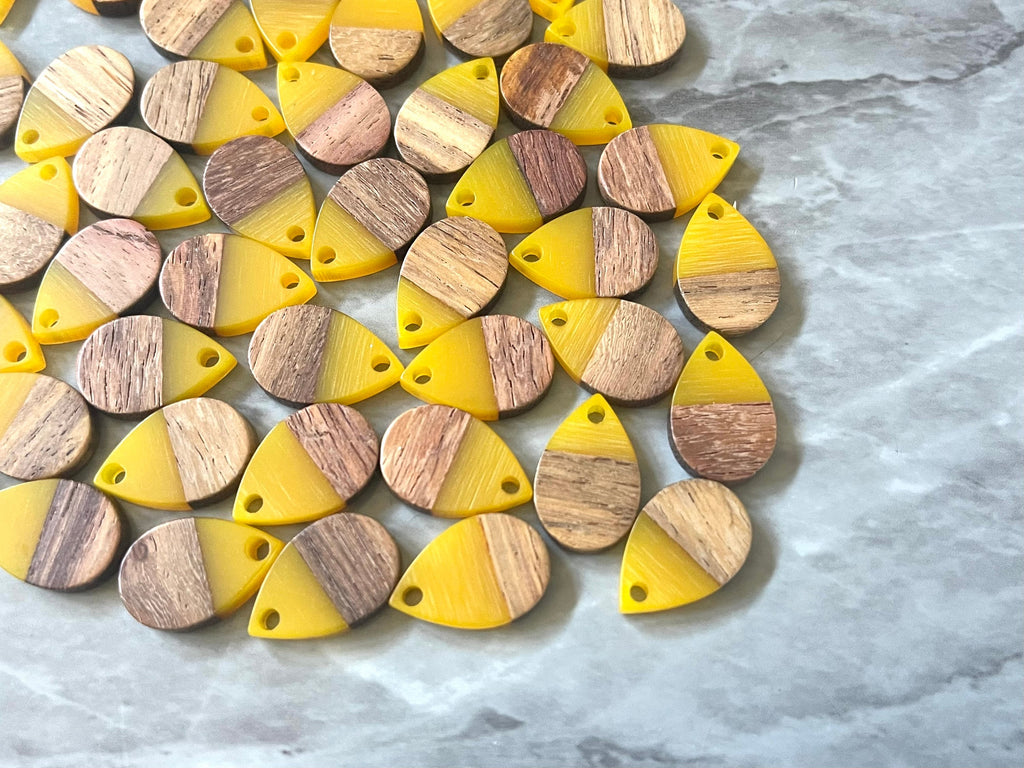 WHOLESALE Brown wood grain & Yellow Resin Beads, raindrop cutout acrylic 17mm Earring Necklace pendant bead, one hole top DIY blanks jewelry