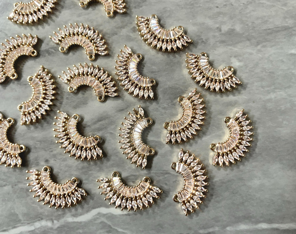 Gold Fan 28mm Rhinestone encrusted, earring jewelry making, 2 Hole dangle earring blanks stud earrings, gold jewelry blank