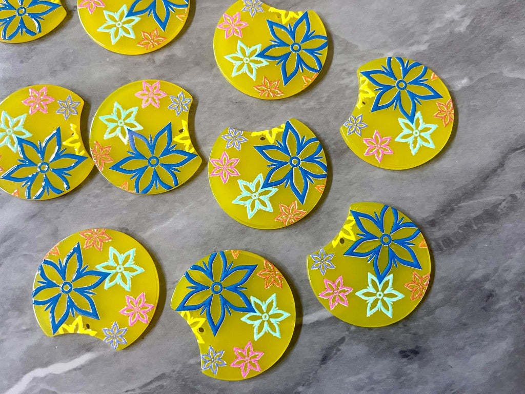 Colorful floral Resin Blanks, circle cutout acrylic 36mm Earring Necklace pendant bead, one hole, rainbow flower drop jewelry acrylic DIY
