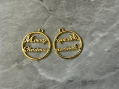 Merry Christmas Gold Charms, Wire Bangle Beads, Christmas earrings Jewelry, Bubblegum Bead Necklace, Christmas jewelry round circle pendant