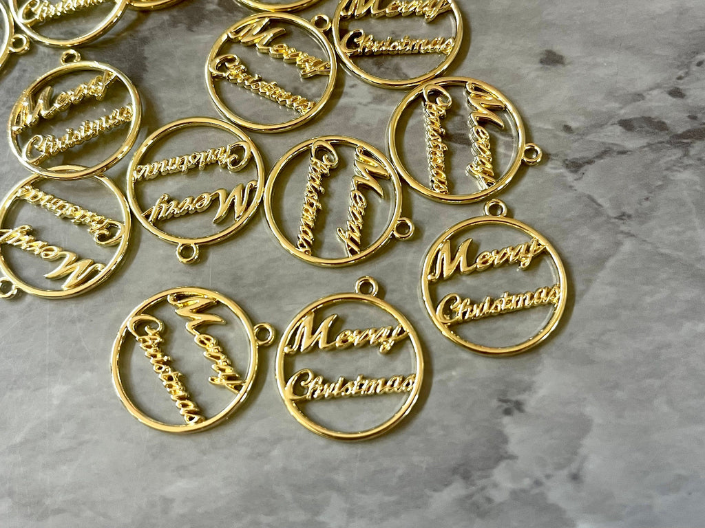 Merry Christmas Gold Charms, Wire Bangle Beads, Christmas earrings Jewelry, Bubblegum Bead Necklace, Christmas jewelry round circle pendant