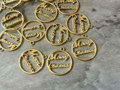 Merry Christmas Gold Charms, Wire Bangle Beads, Christmas earrings Jewelry, Bubblegum Bead Necklace, Christmas jewelry round circle pendant