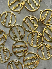 Merry Christmas Gold Charms, Wire Bangle Beads, Christmas earrings Jewelry, Bubblegum Bead Necklace, Christmas jewelry round circle pendant