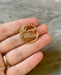 Merry Christmas Gold Charms, Wire Bangle Beads, Christmas earrings Jewelry, Bubblegum Bead Necklace, Christmas jewelry round circle pendant