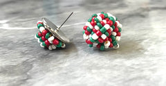 Christmas Beaded Earring Blanks, red white green round jewelry blanks, dangle drop earrings studs dangle DIY making