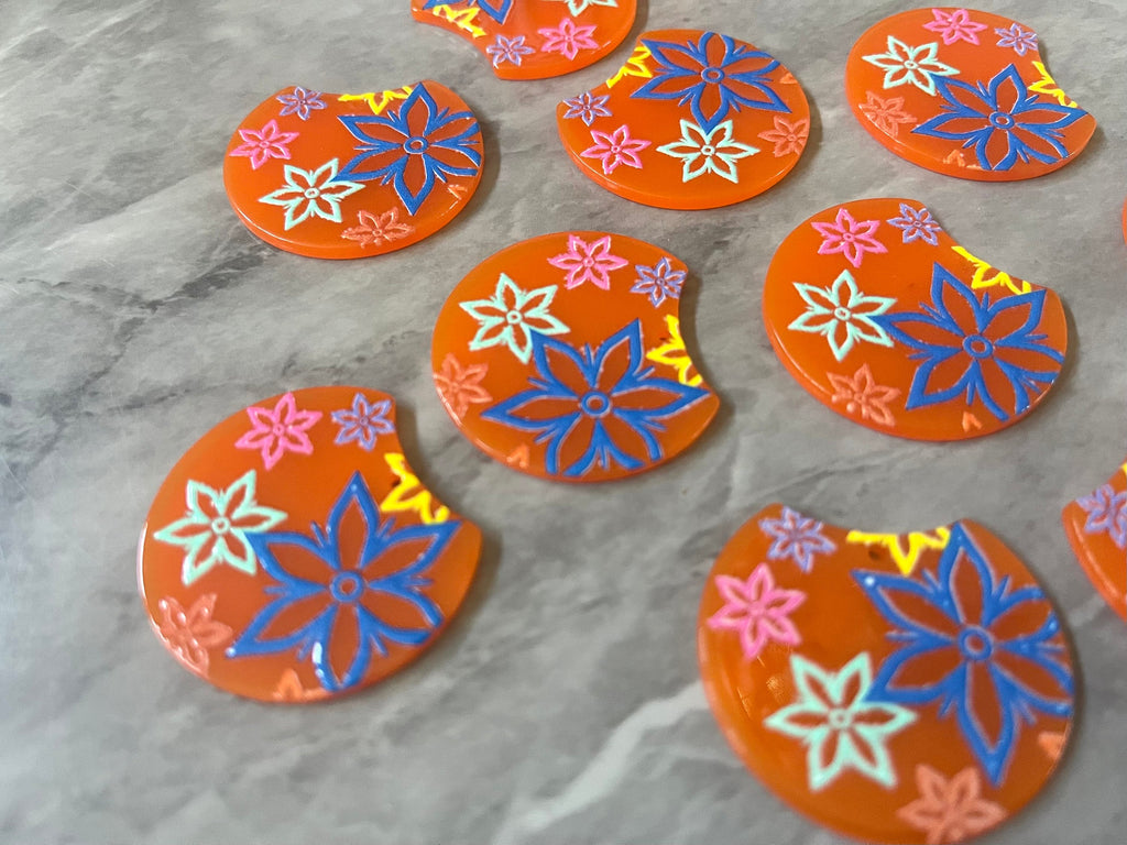 Colorful floral Resin Blanks, circle cutout acrylic 36mm Earring Necklace pendant bead, one hole, rainbow flower drop jewelry acrylic DIY