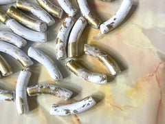 Gold & White Acrylic curved tube beads, tube bracelet beads, resin tube beads accent statement bracelet, stretch bracelet beads