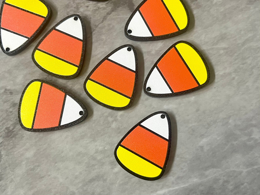 XL Candy Corn Halloween Earring Acrylic Blanks Cutout, earring jewelry making, drop blanks, 30mm triangle 1 hole black glitter orange white