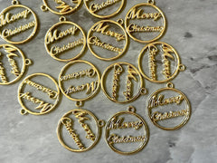 Merry Christmas Gold Charms, Wire Bangle Beads, Christmas earrings Jewelry, Bubblegum Bead Necklace, Christmas jewelry round circle pendant