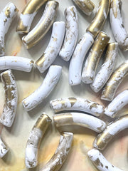 Gold & White Acrylic curved tube beads, tube bracelet beads, resin tube beads accent statement bracelet, stretch bracelet beads