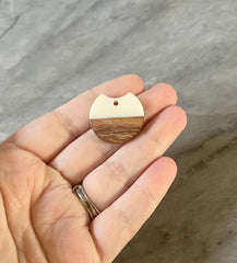 Wood Grain + Cream resin Beads, round cutout acrylic 25mm Earring Necklace pendant bead, one hole at top DIY wooden blanks